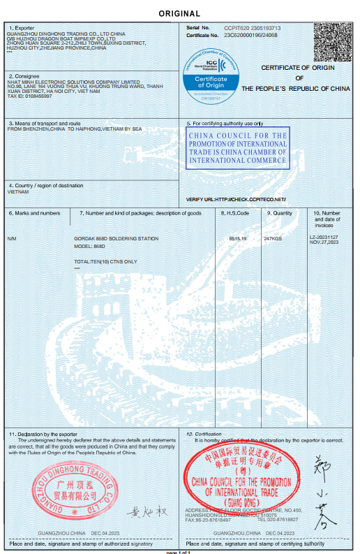 Chứng nhận CO, CQ đầy đủ